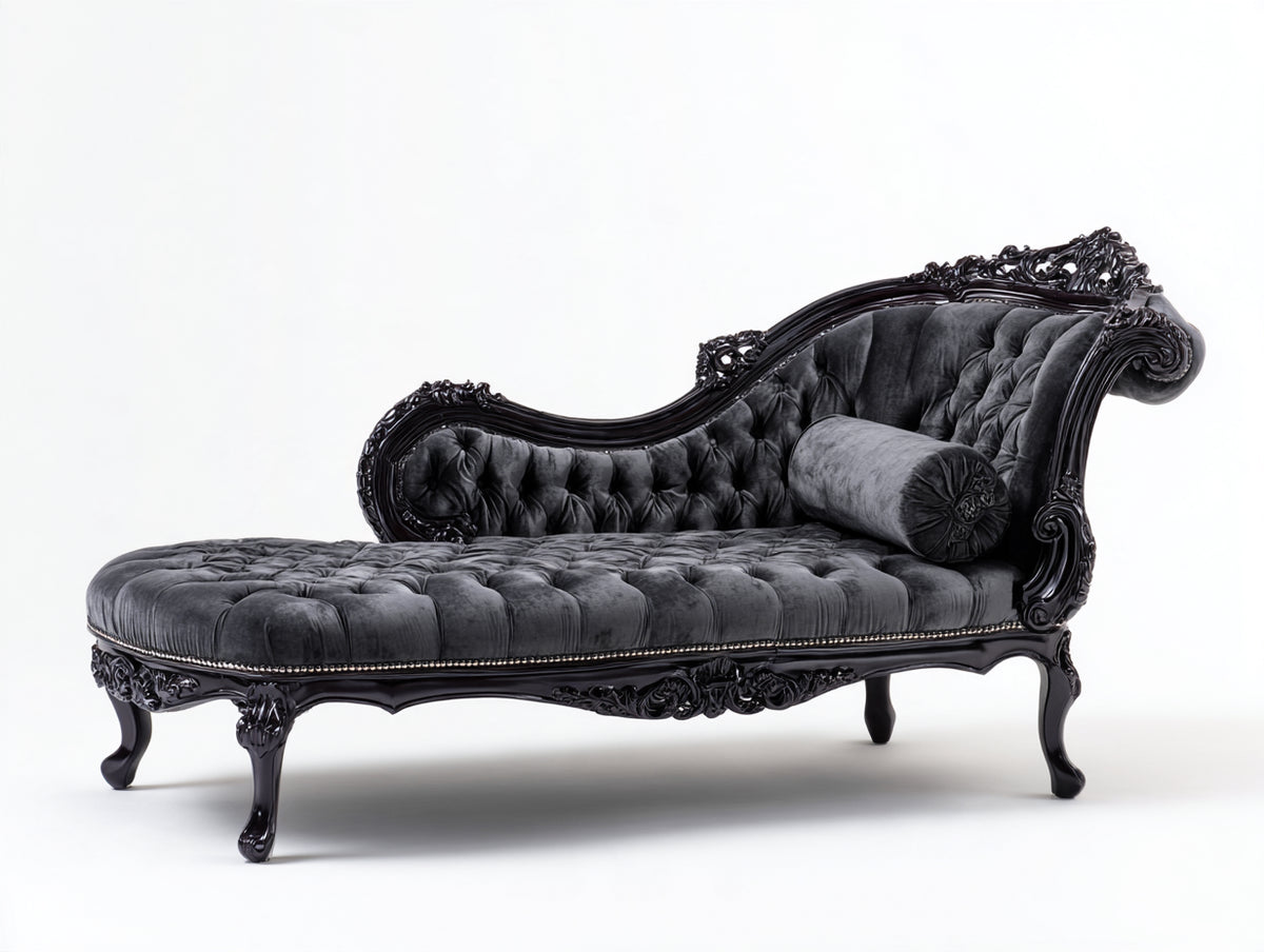Chaise longue - velluto-legno - 188x78x96 cm - grigio scuro-nero - stile barocco classico