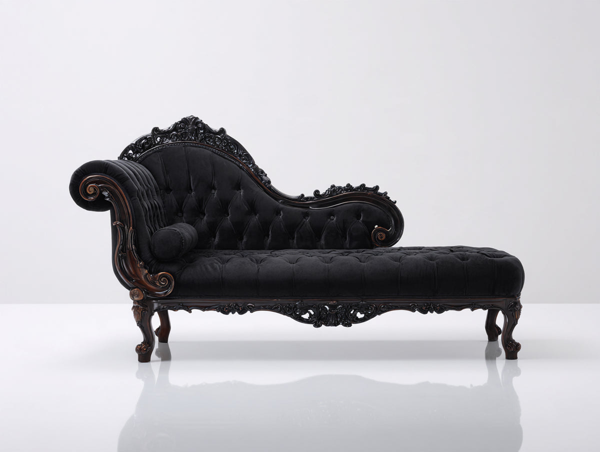 Chaise longue - velluto-legno - 198x80x97 cm - nero-marrone scuro - stile barocco classico