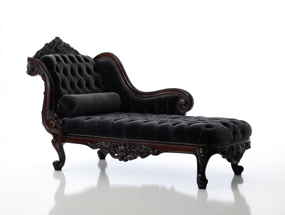 Chaise longue - velluto-legno - 194x83x101 cm - nero-marrone scuro - stile barocco classico