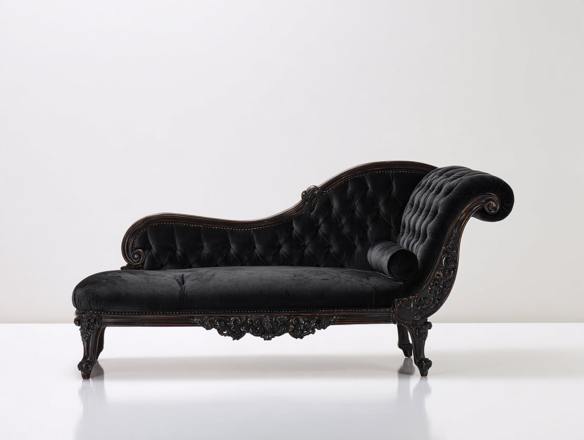 Chaise longue - velluto-legno - 186x81x94 cm - nero-marrone scuro - stile barocco classico