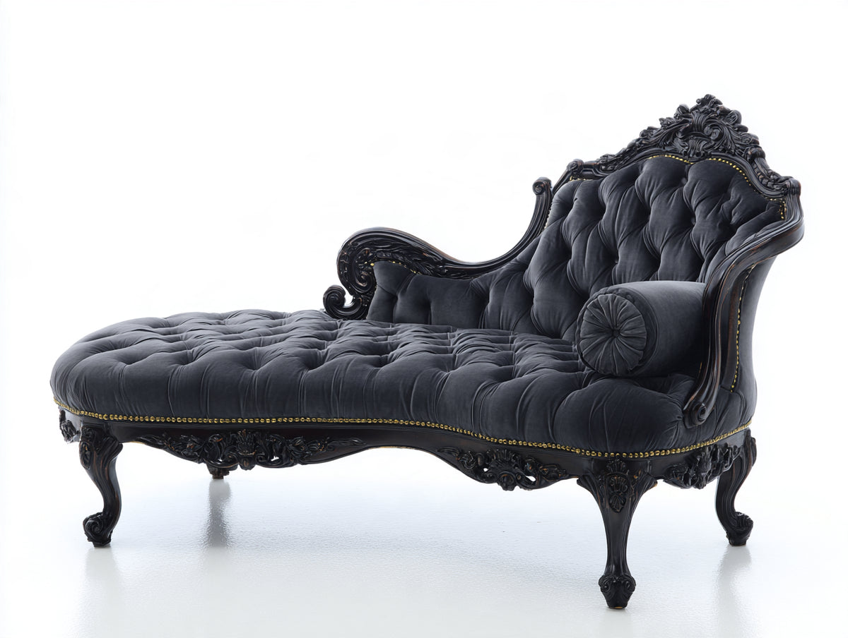 Chaise longue - velluto-legno - 194x85x102 cm - grigio antracite-marrone scuro - stile barocco classico
