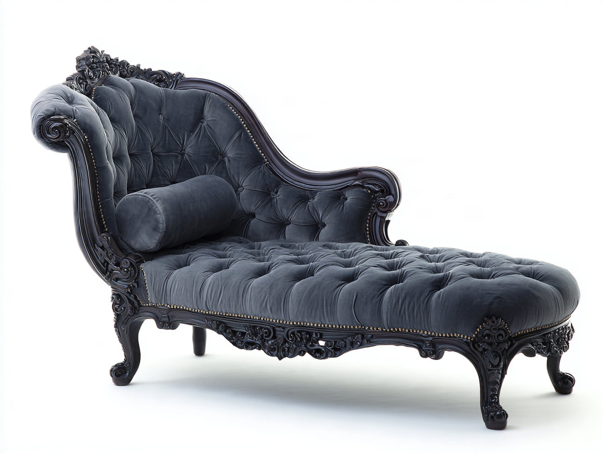 Chaise longue - velluto-legno - 189x81x99 cm - grigio scuro-marrone scuro - stile barocco classico