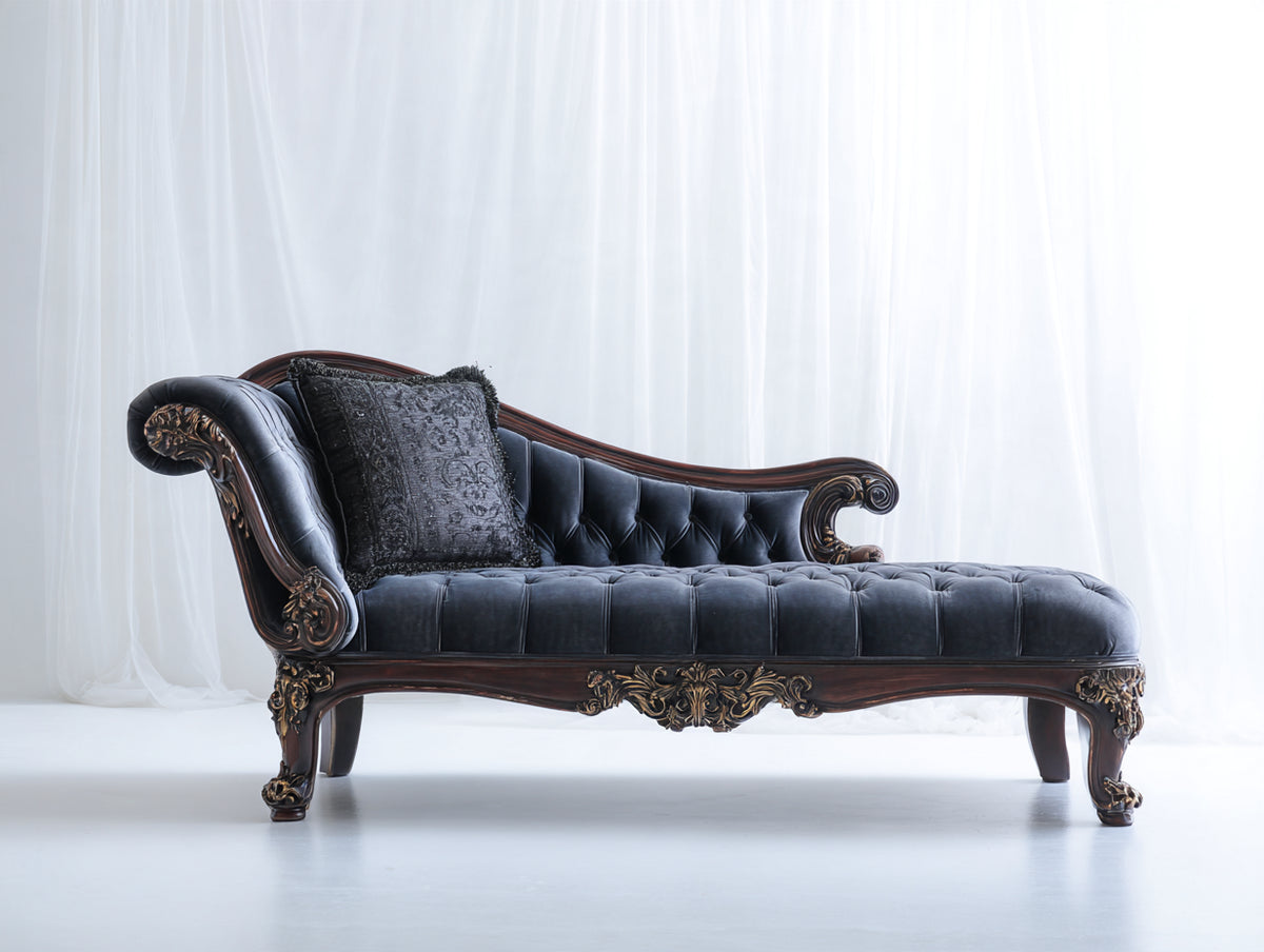Chaise longue - velluto-legno - 193x81x96 cm - grigio scuro-marrone scuro - stile barocco classico