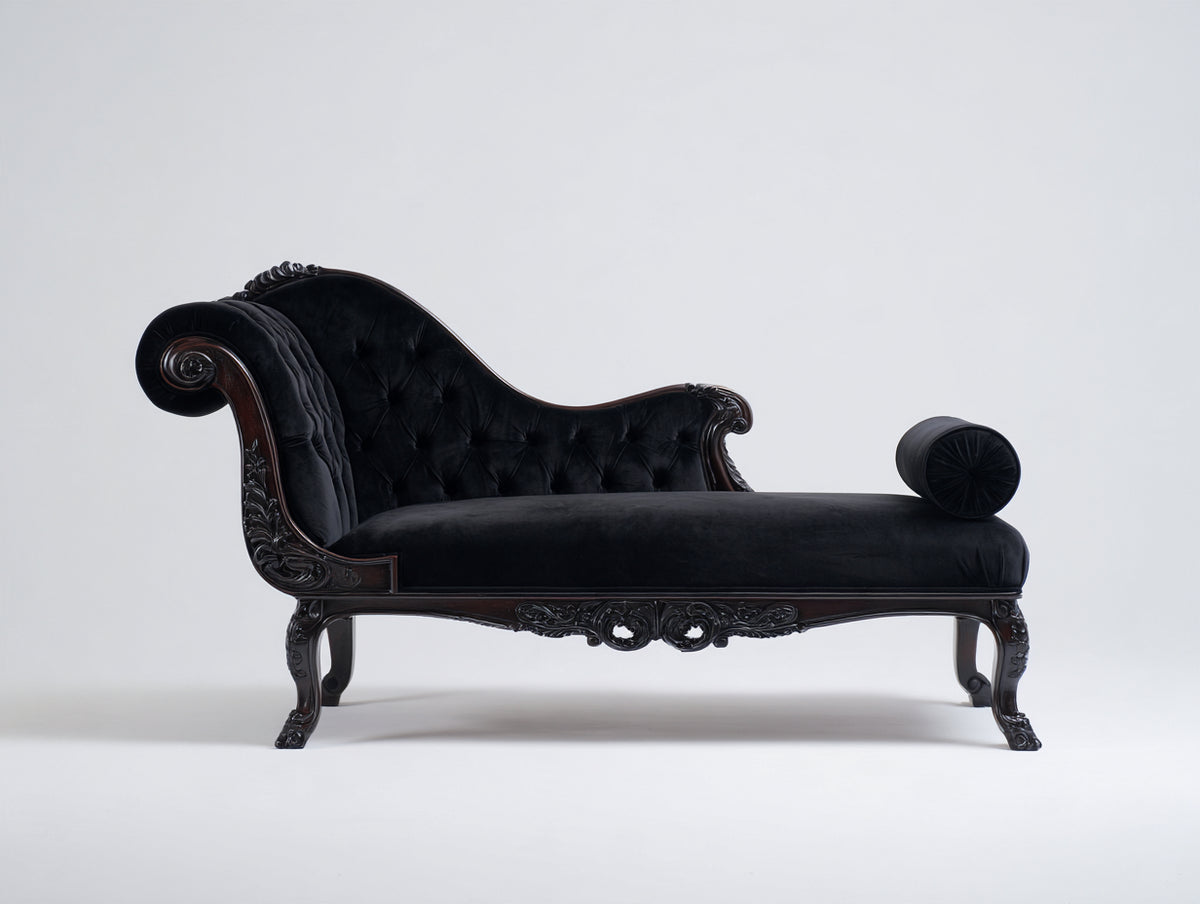 Chaise longue - velluto-legno - 184x78x92 cm - nero-marrone scuro - stile classico vittoriano