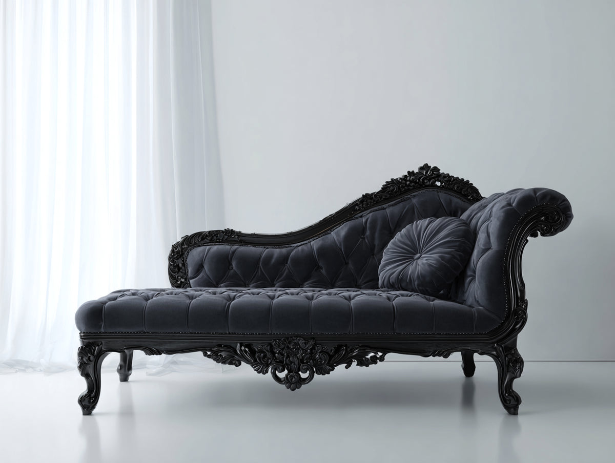 Chaise longue - velluto-legno - 188x78x96 cm - grigio scuro-nero - stile barocco classico